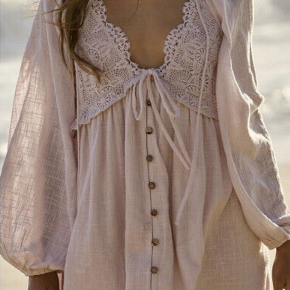 Free People Pink Long Sleeve Dress with Lace Trim
